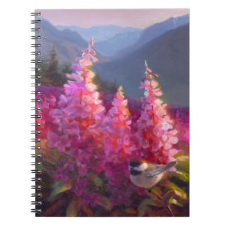 Chickadee on Alaskan Wildflowers With Mountains Spiral Notebook