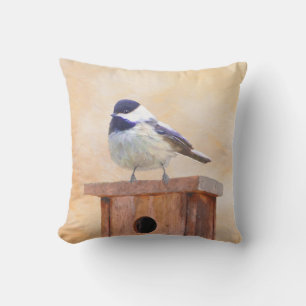 Chickadee on Birdhouse Painting - Original Bird Ar Cushion