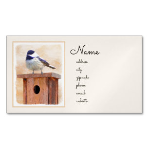 Chickadee on Birdhouse Painting - Original Bird Ar Magnetic Business Card