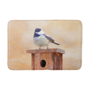 Chickadee on Birdhouse Painting Original Bird Art Bath Mat