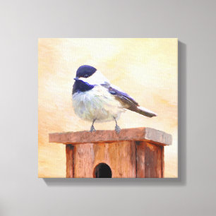 Chickadee on Birdhouse Painting Original Bird Art Canvas Print