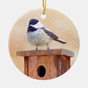 Chickadee on Birdhouse Painting Original Bird Art Ceramic Tree Decoration
