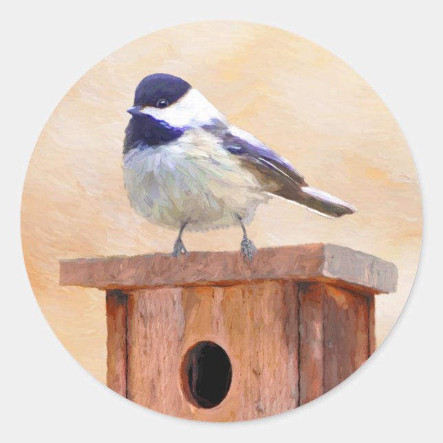 Chickadee on Birdhouse Painting Original Bird Art Classic Round Sticker (Front)