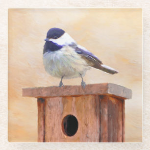 Chickadee on Birdhouse Painting Original Bird Art Glass Coaster