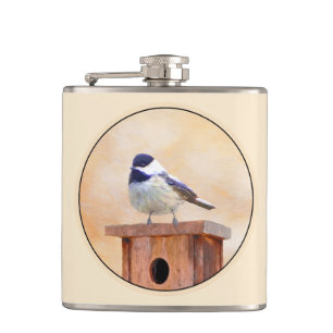 Chickadee on Birdhouse Painting Original Bird Art Hip Flask