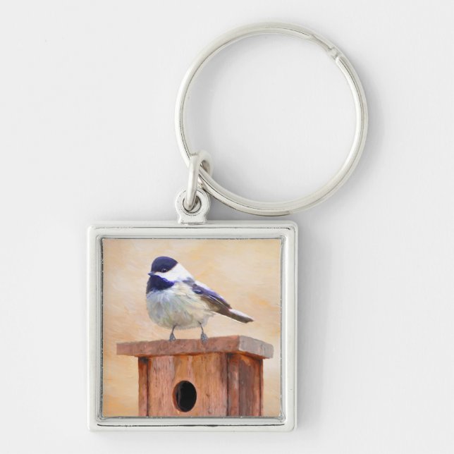 Chickadee on Birdhouse Painting Original Bird Art Key Ring (Front)