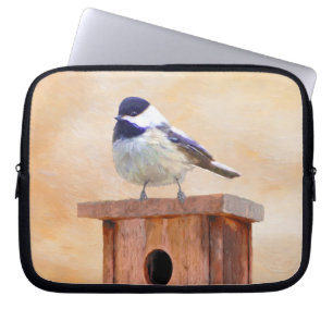 Chickadee on Birdhouse Painting Original Bird Art Laptop Sleeve