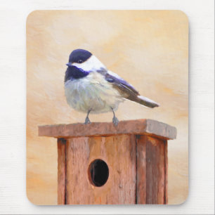 Chickadee on Birdhouse Painting Original Bird Art Mouse Pad