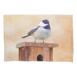Chickadee on Birdhouse Painting Original Bird Art Pillowcase