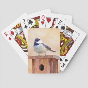 Chickadee on Birdhouse Painting Original Bird Art Playing Cards