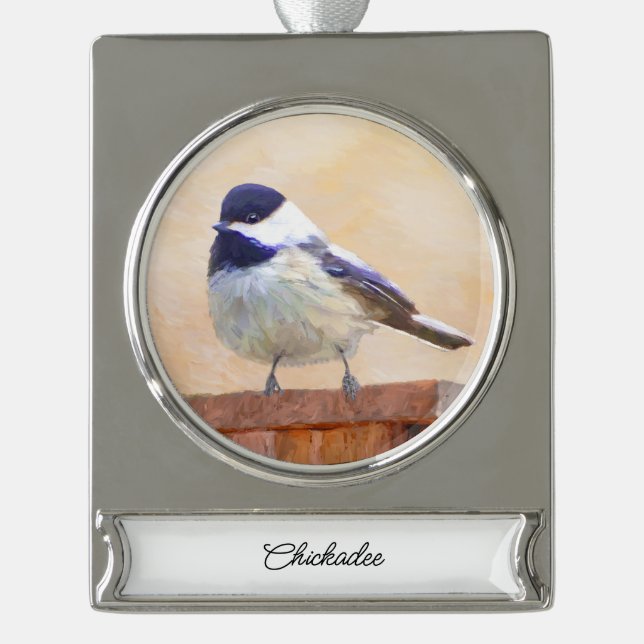 Chickadee on Birdhouse Painting Original Bird Art Silver Plated Banner Ornament (Front)