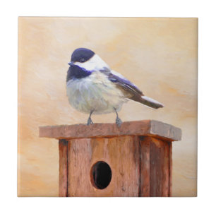 Chickadee on Birdhouse Painting Original Bird Art Tile