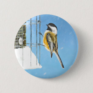 Chickadee on Feeder Painting - Original Bird Art 6 Cm Round Badge