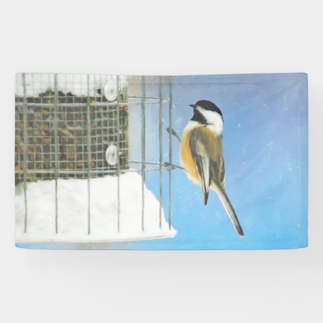Chickadee on Feeder Painting - Original Bird Art Banner (Horizontal)