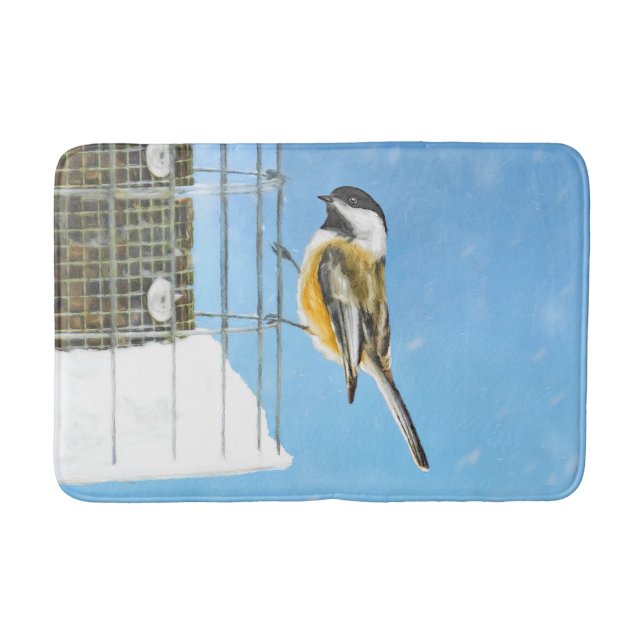 Chickadee on Feeder Painting - Original Bird Art Bath Mat (Front)