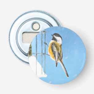 Chickadee on Feeder Painting - Original Bird Art Bottle Opener