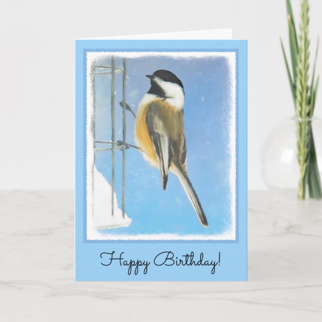 Chickadee on Feeder Painting - Original Bird Art Card (Front)