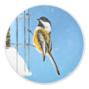 Chickadee on Feeder Painting - Original Bird Art Ceramic Knob