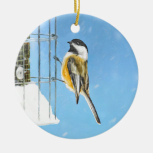 Chickadee on Feeder Painting - Original Bird Art Ceramic Tree Decoration