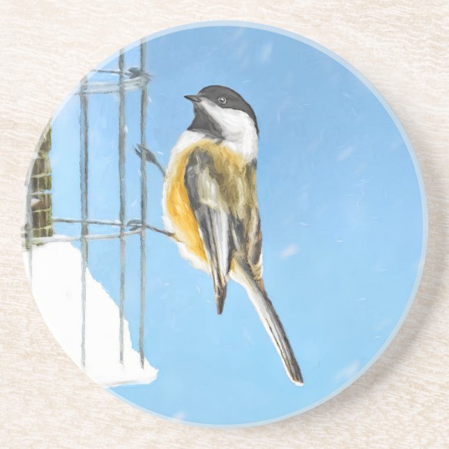 Chickadee on Feeder Painting - Original Bird Art Coaster (Front)