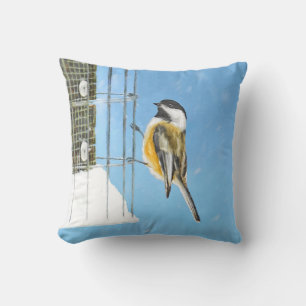 Chickadee on Feeder Painting - Original Bird Art Cushion