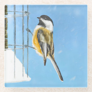 Chickadee on Feeder Painting - Original Bird Art Glass Coaster
