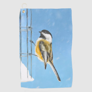 Chickadee on Feeder Painting - Original Bird Art Golf Towel