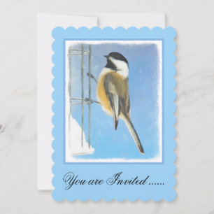 Chickadee on Feeder Painting - Original Bird Art Invitation