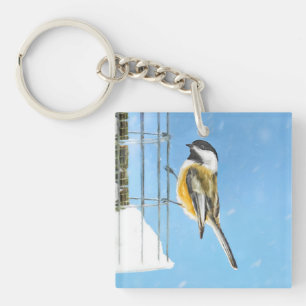 Chickadee on Feeder Painting - Original Bird Art Key Ring