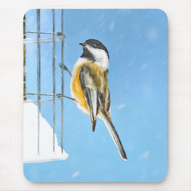 Chickadee on Feeder Painting - Original Bird Art Mouse Pad (Front)