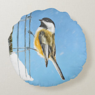 Chickadee on Feeder Painting - Original Bird Art Round Cushion
