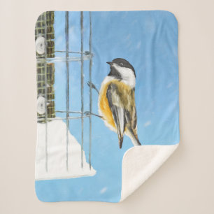 Chickadee on Feeder Painting - Original Bird Art Sherpa Blanket