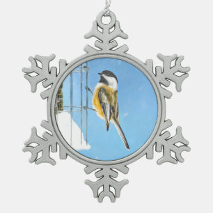 Chickadee on Feeder Painting - Original Bird Art Snowflake Pewter Christmas Ornament