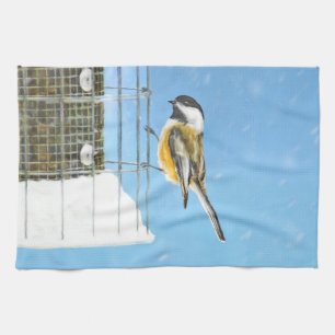 Chickadee on Feeder Painting - Original Bird Art Tea Towel
