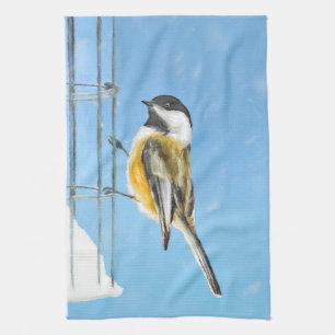 Chickadee on Feeder Painting - Original Bird Art Tea Towel