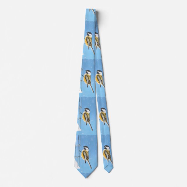 Chickadee on Feeder Painting - Original Bird Art Tie (Front)