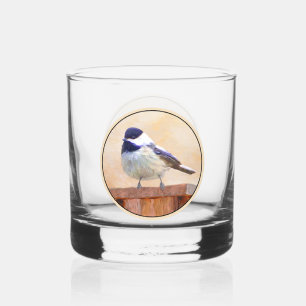 Chickadee on Feeder Painting - Original Bird Art Whiskey Glass