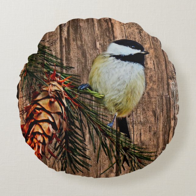 Chickadee on Rustic Barn Board Round Cushion (Front)