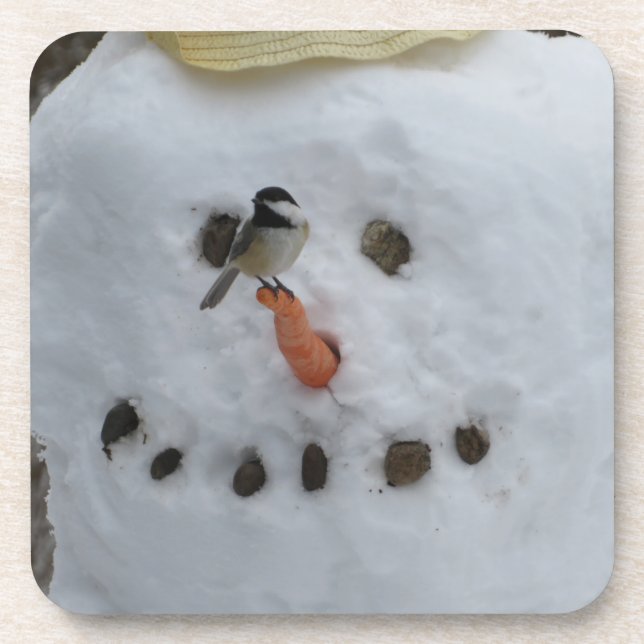 Chickadee on Snowman Carrot Nose Coaster (Front)