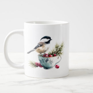 Chickadee on Teacup With Cranberries Large Coffee Mug