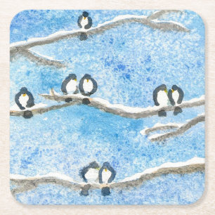 Chickadee on Tree Branch in Snow Paper Coaster