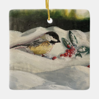 Chickadee on Winter Snow with MistleToe Ceramic Ornament