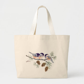 CHICKADEE & PINE CONES by SHARON SHARPE Large Tote Bag