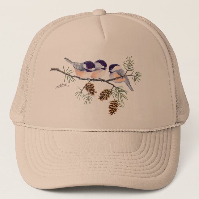 CHICKADEE & PINE CONES by SHARON SHARPE Trucker Hat (Front)