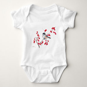 CHICKADEE & RED BERRIES by SHARON SHARPE Baby Bodysuit