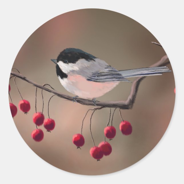 CHICKADEE & RED BERRIES by SHARON SHARPE Classic Round Sticker (Front)