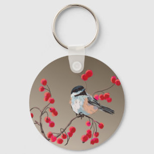 CHICKADEE & RED BERRIES by SHARON SHARPE Key Ring