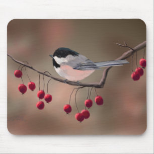 CHICKADEE & RED BERRIES by SHARON SHARPE Mouse Pad