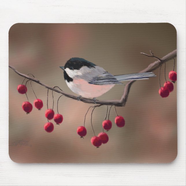 CHICKADEE & RED BERRIES by SHARON SHARPE Mouse Pad (Front)