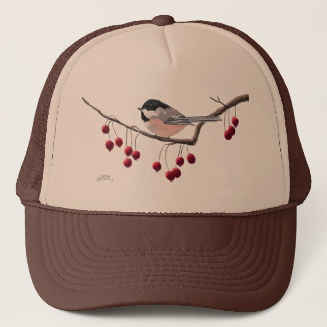 CHICKADEE & RED BERRIES by SHARON SHARPE Trucker Hat (Front)